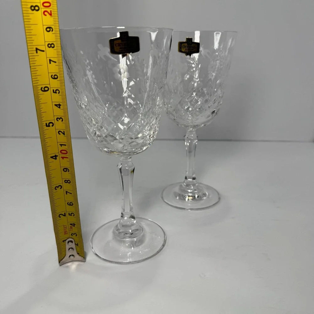 Crystal Zajecar‎ Wine Glasses Goblets Nobility Pattern Set of 2 NWOT Vintage New